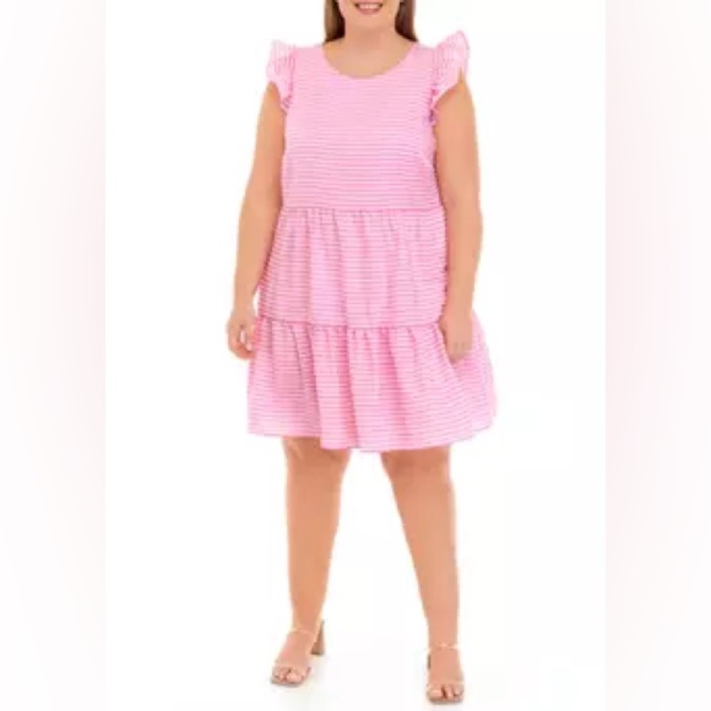 Seersucker Flutter Sleeve Tiered Babydoll Dress Size 16 in Pink